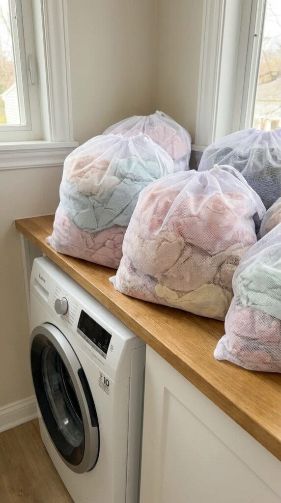 Mesh laundry bags protecting delicate clothes