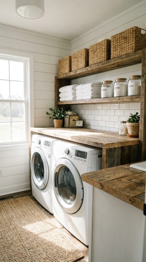 Storage shelves installed above washer and dryer