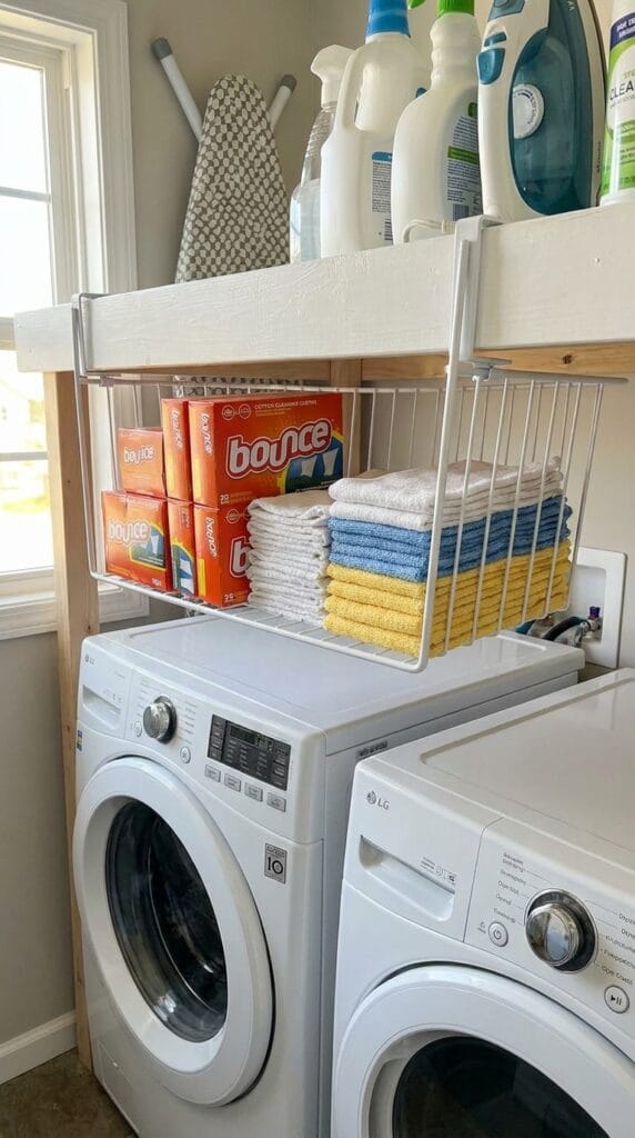 Wire storage basket mounted under shelf