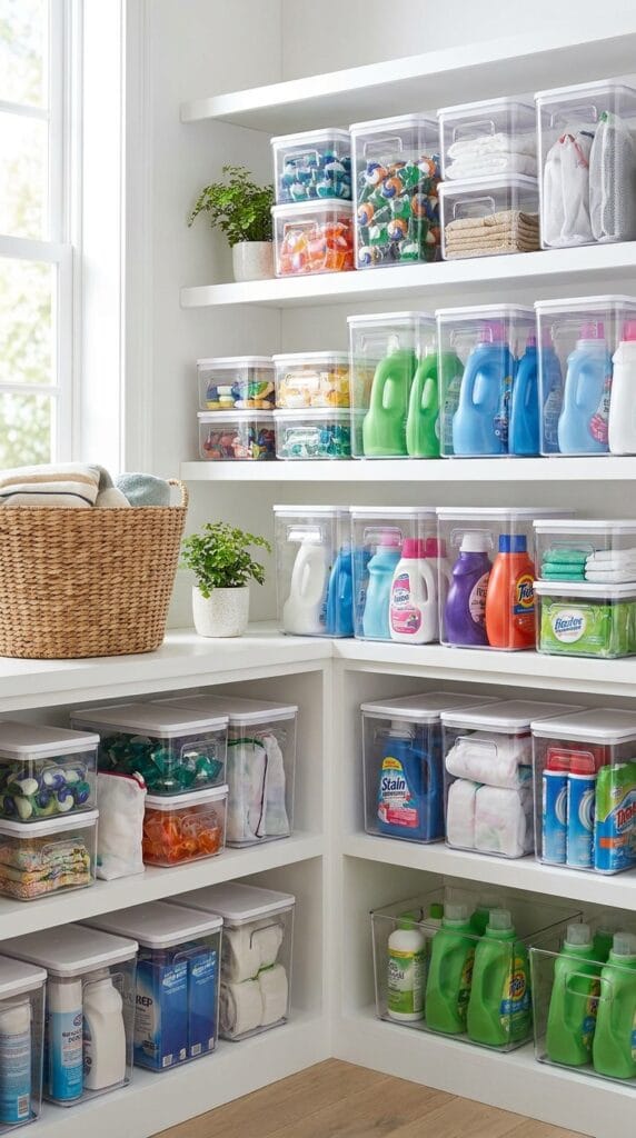 Clear stackable bins organizing laundry supplies