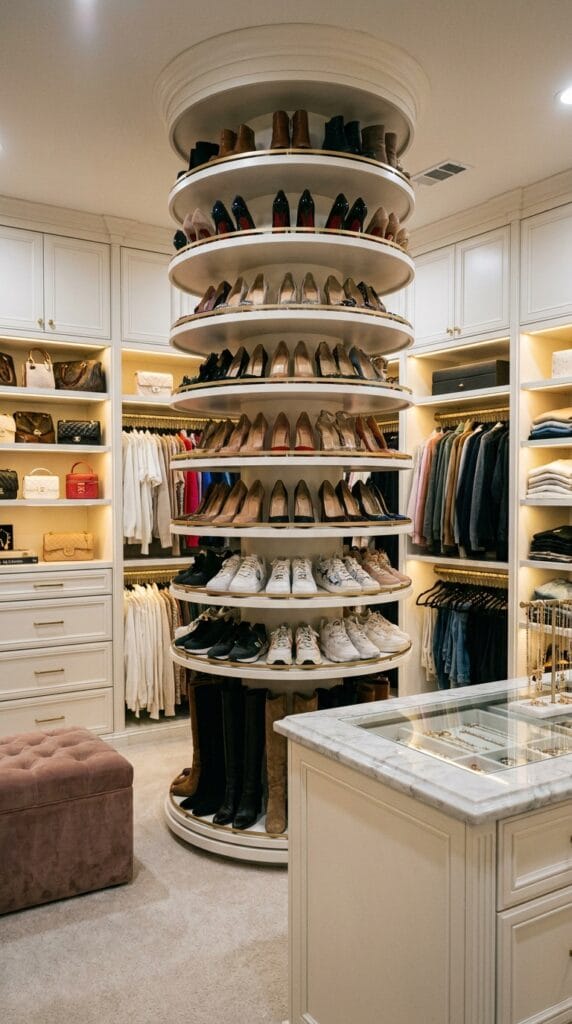 Rotating shoe tower filled with sneakers, boots, and heels inside a modern closet.