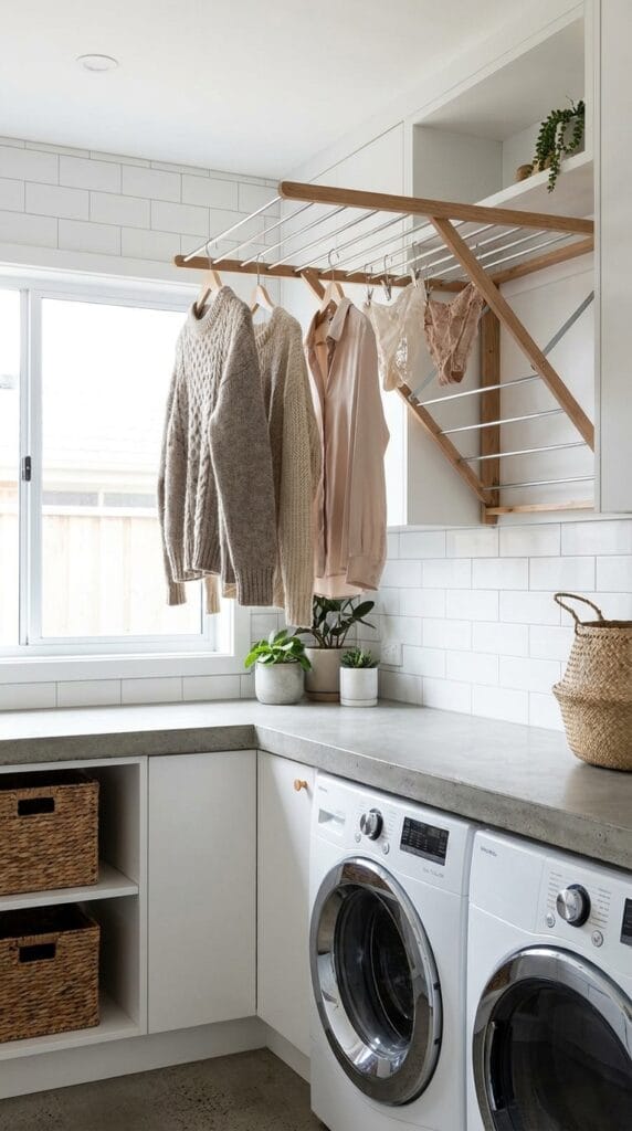 Foldable drying rack installed on laundry room wall