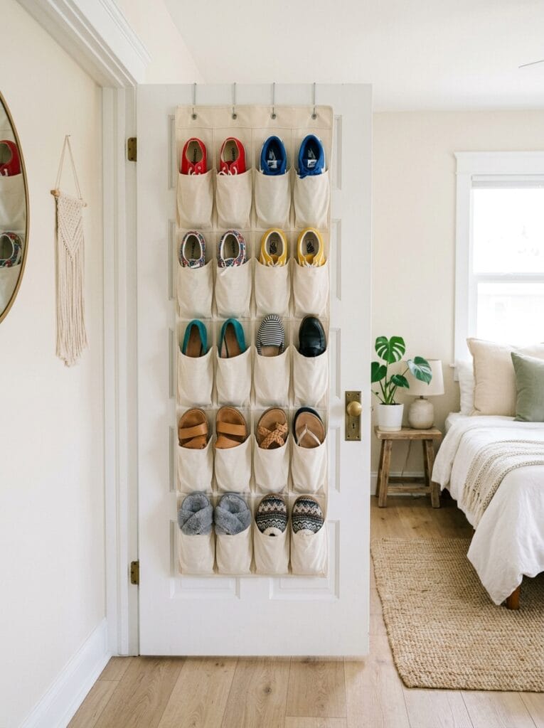Fabric over-the-door shoe organizer filled with neatly arranged shoes on a white bedroom door.