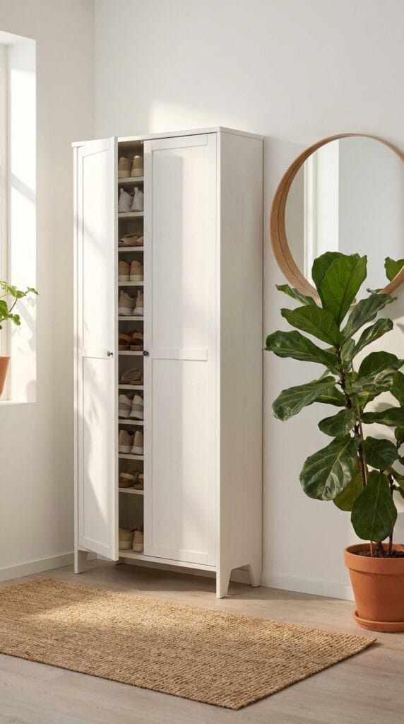 Slim white shoe cabinet in a modern hallway with shoes stored neatly inside.