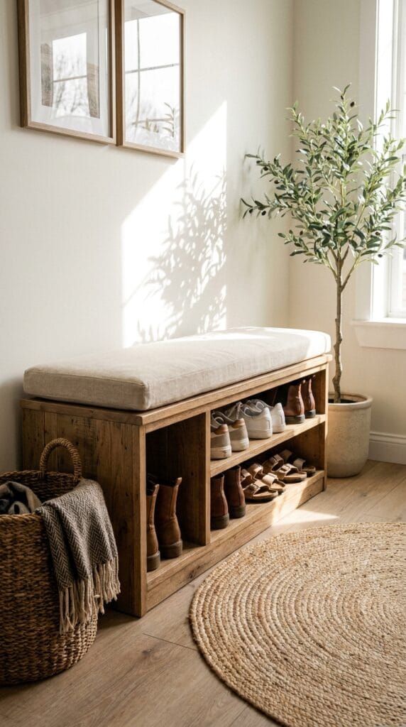 Wooden shoe storage bench with neatly organized shoes underneath in a modern entryway.