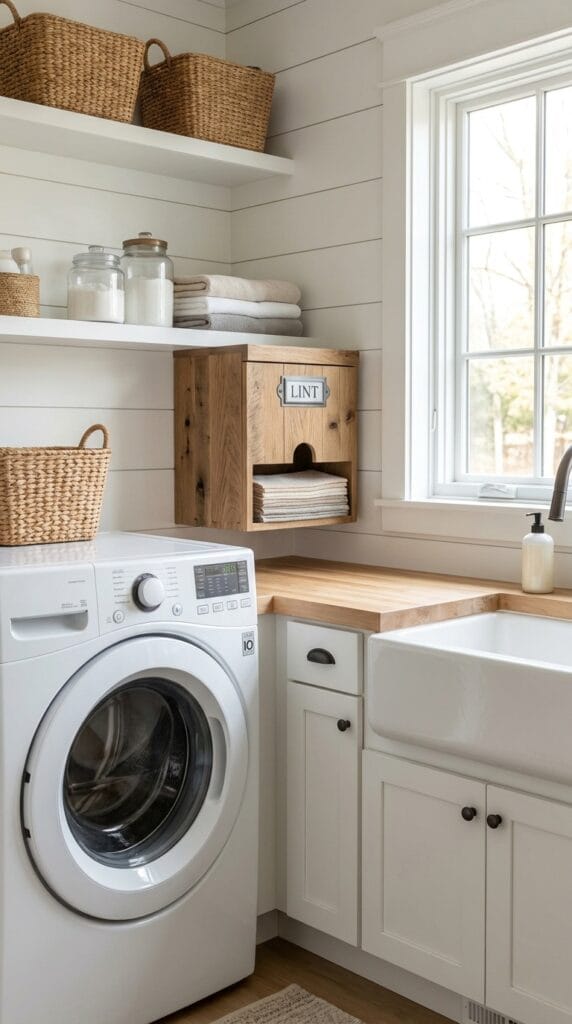 Wall-mounted lint bin beside clothes dryer