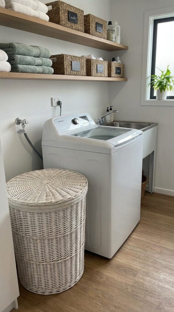 Woven laundry hamper with lid in laundry room